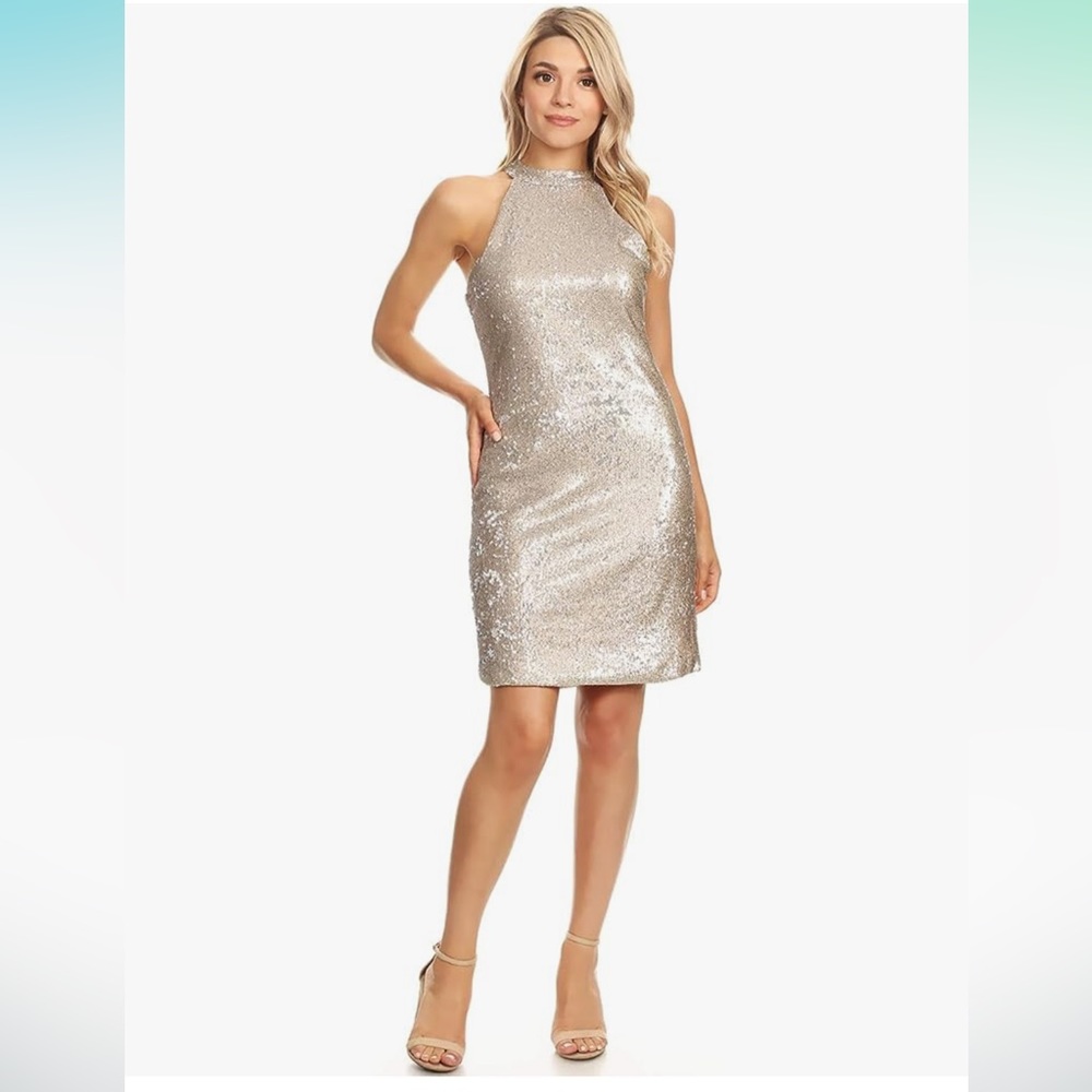 Anna-Kaci Champagne Gold Metallic Sequin Halter Party Shift Dress